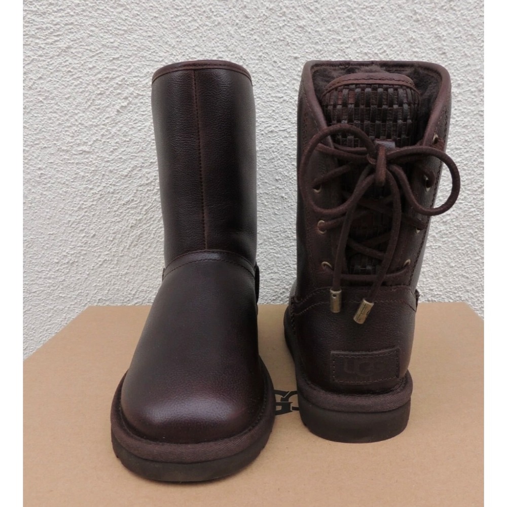 NWOB UGG CHOCOLATE MARIANA CORSET BOW LEATHER/ SHEEPWOOL BOOTS Size 9